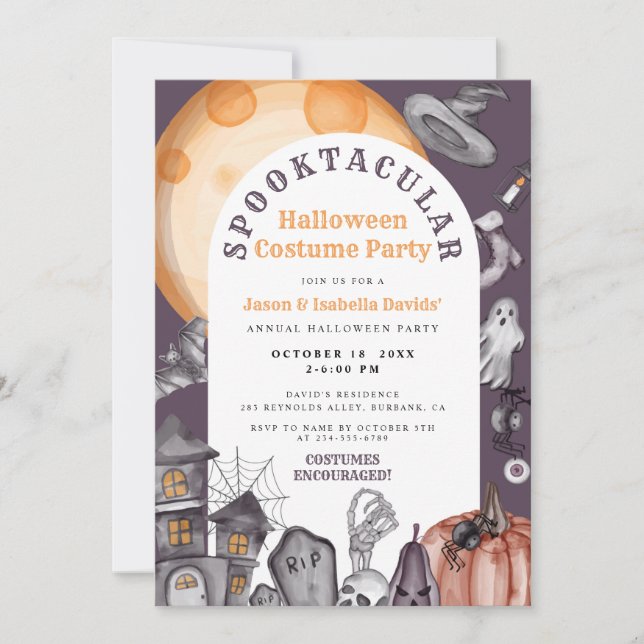 Wasserfarben-Arkade-Halloween-Kürbiskostüme-Party Einladung (Vorderseite)