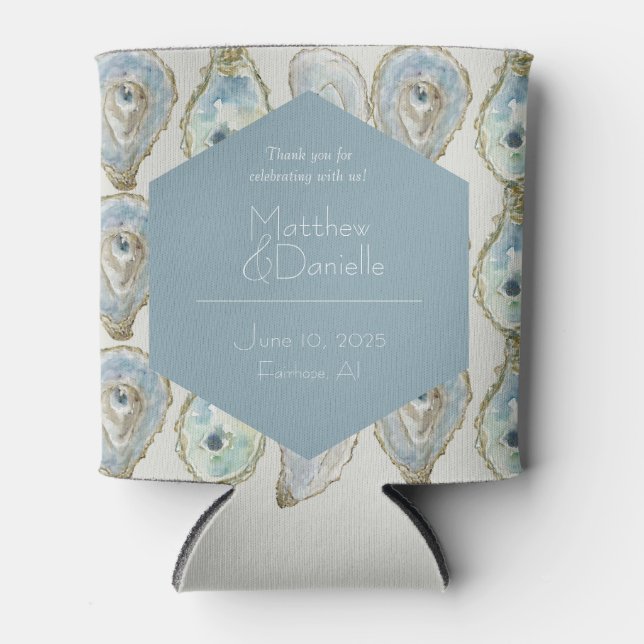 Wasserfarben-Austern Hochzeit- Dusty Blue Dosenkühler (Vorderseite)