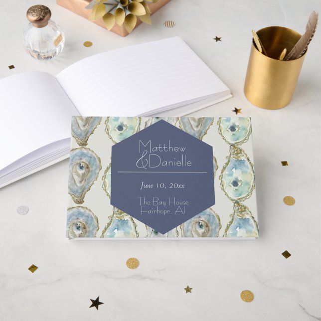 Wasserfarben-Austern Hochzeit- Dusty Blue Gästebuch (Vorderseite Offen)
