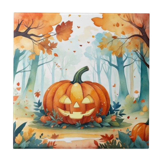 Wasserfarben Autumn Pumpkins Harvest Forest Fliese (Vorderseite)