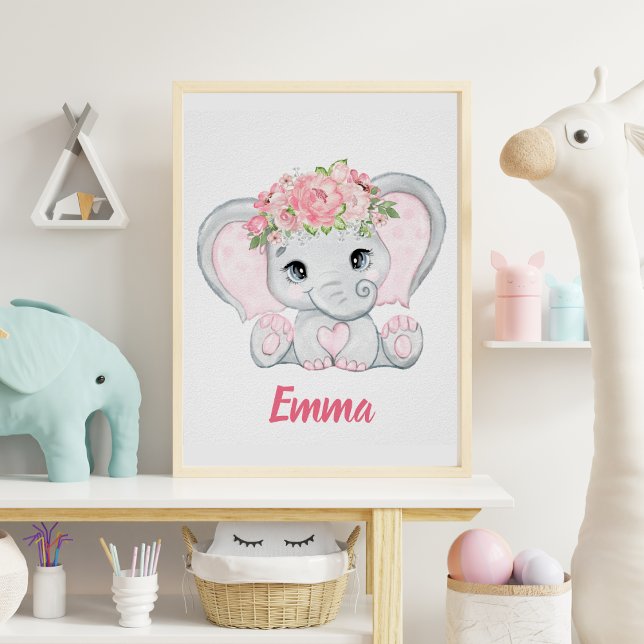 Wasserfarben Baby Elephant Pink Floral Girl Kinder Poster (Von Creator hochgeladen)