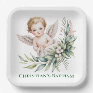 Wasserfarben-Baby-Engel-Federflügel-Taufe  Pappteller