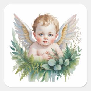 Wasserfarben-Baby-Engel mit Grün-Taufe  Quadratischer Aufkleber
