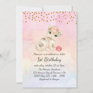 Wasserfarben-Baby-Katze und Blume 1. Geburtstag Einladung