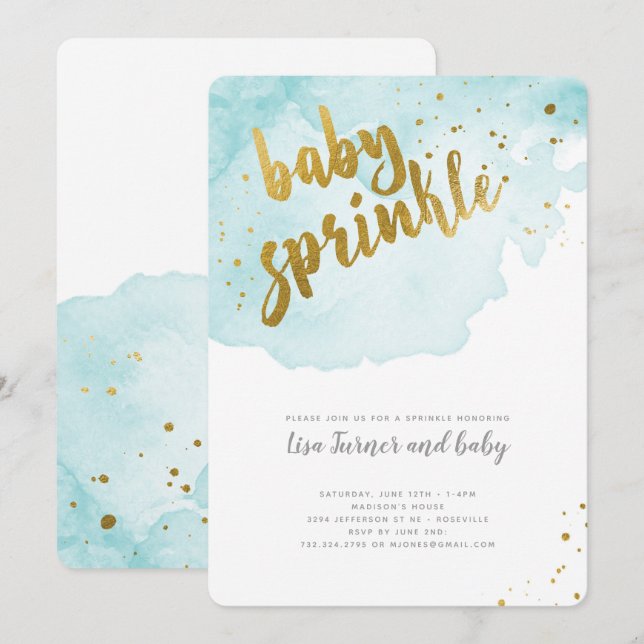 Wasserfarben Baby Sprinkle - Aqua Einladung (Vorne/Hinten)