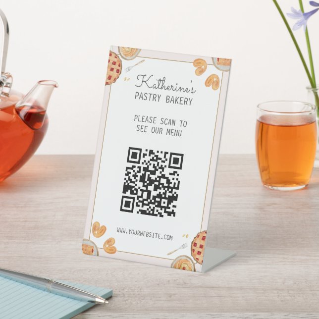Wasserfarben Backkuchen Konditorei QR Code Menü Sockelschild (In SItu)