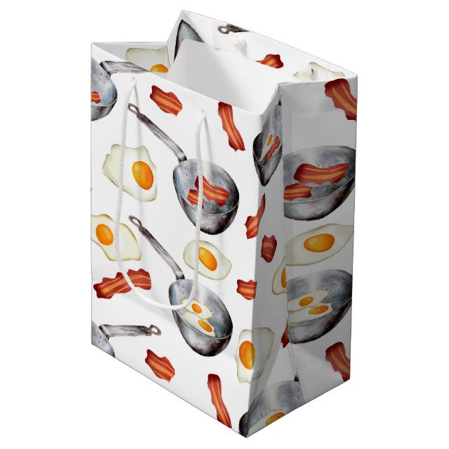 Wasserfarben Bacon & Eggs Frühstücksbuffet Muster Mittlere Geschenktüte (Vorderseite Schrägansicht)