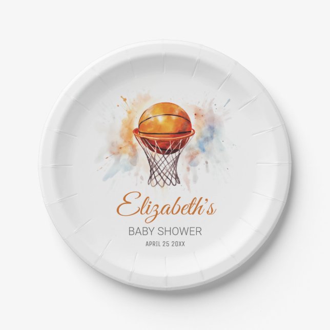 Wasserfarben Basketball Babydusche Pappteller (Vorderseite)