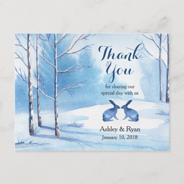 Wasserfarben Bäume Kaninchen Winterhochzeit Danke Postkarte (Vorderseite)