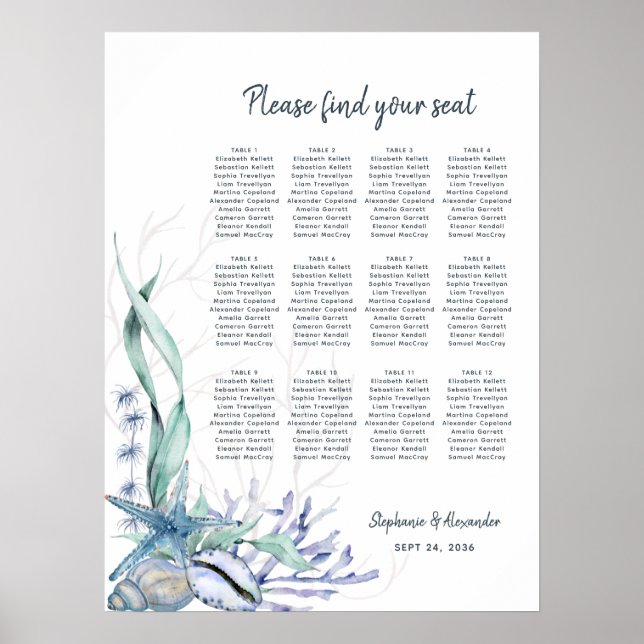 Wasserfarben Beach Blue Wedding Chart Poster (Vorne)