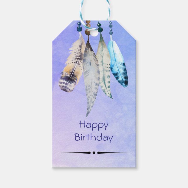 Wasserfarben Beads 'n Feathers Happy Birthday Geschenkanhänger (Vorderseite)