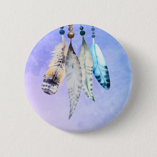 Wasserfarben Beads 'n Feathers on Bluish Lila Button (Vorderseite)