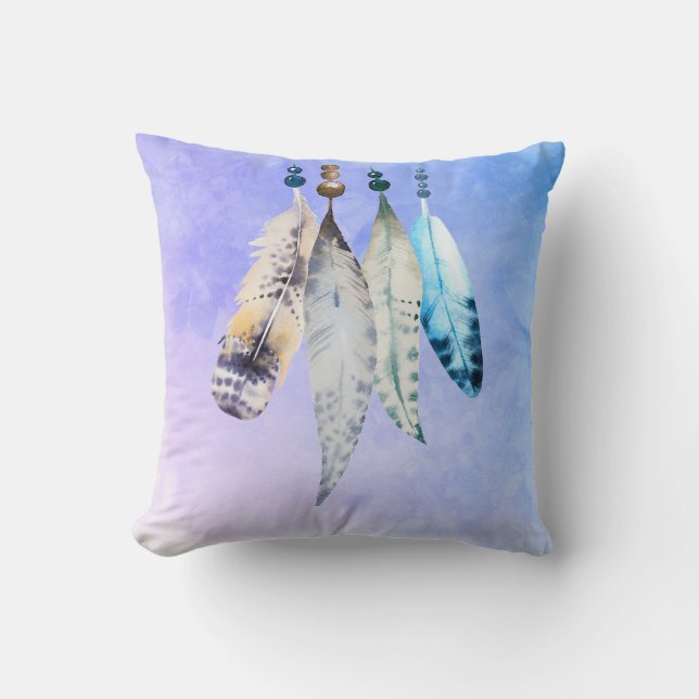 Wasserfarben Beads 'n Feathers on Bluish Lila Kissen (Vorderseite)