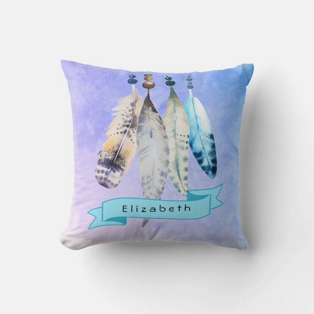 Wasserfarben Beads 'n Feathers on Bluish Lila Kissen (Vorderseite)