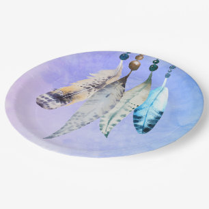 Wasserfarben Beads 'n Feathers on Bluish Lila Pappteller