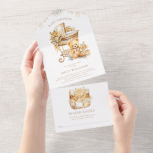 Wasserfarben-Beige & Gold-Baby-Dusche-Windel-Winde All In One Einladung