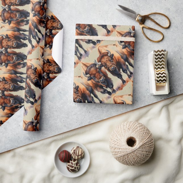 Wasserfarben Bison Buffalo Art Geschenkpapier (Kunsthandwerk)