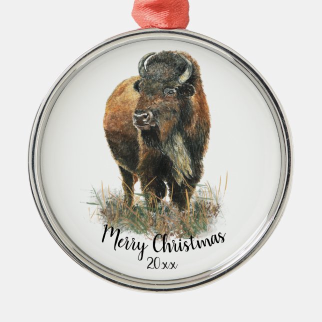 Wasserfarben Bison Buffalo Tierart Ornament Aus Metall (Vorne)