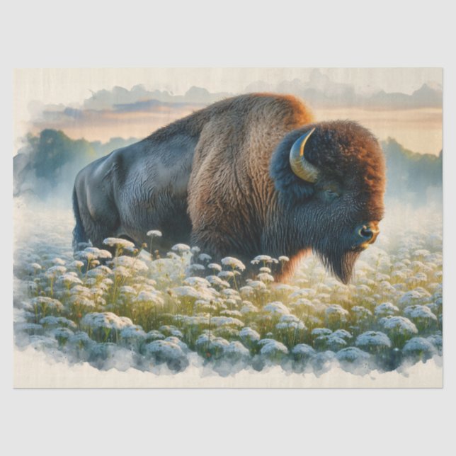 Wasserfarben-Bison White-Wildblumen Decoupage Seidenpapier (Vorderseite)