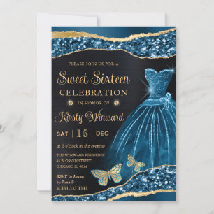 Wasserfarben Blau & Gold Glitter Kleid Sweet Sixte Einladung