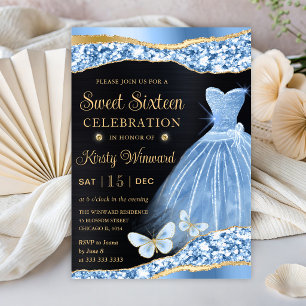 Wasserfarben Blau & Gold Glitter Kleid Sweet Sixte Einladung