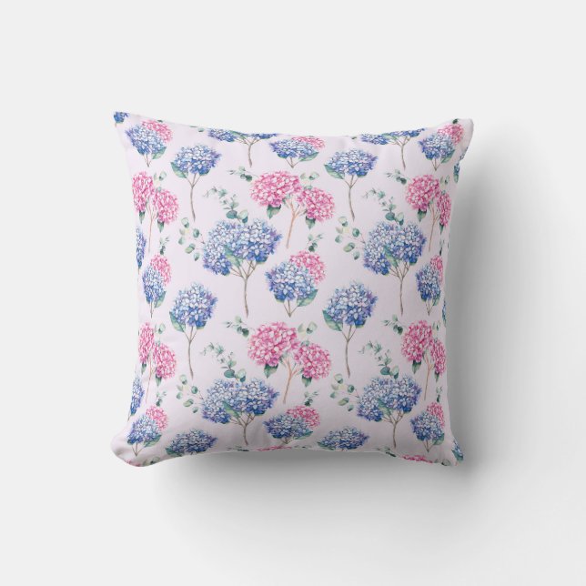 Wasserfarben Blau und Pink Hydrangeas Blumenmuster Kissen (Vorderseite)
