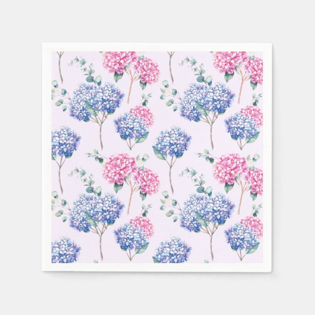 Wasserfarben Blau und Pink Hydrangeas Blumenmuster Serviette (Vorderseite)