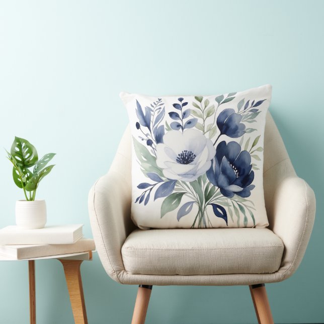 Wasserfarben Blau und Weiß BlumenBouquet Kissen (Stuhl )