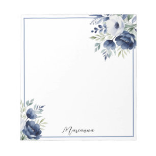 Wasserfarben Blau und Weiß BlumenBouquet Notizblock