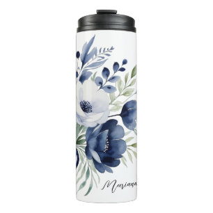 Wasserfarben Blau und Weiß BlumenBouquet Thermosbecher