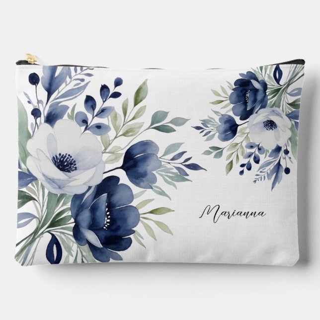 Wasserfarben Blau und Weiß BlumenBouquet Zubehörtasche (Vorderseite)