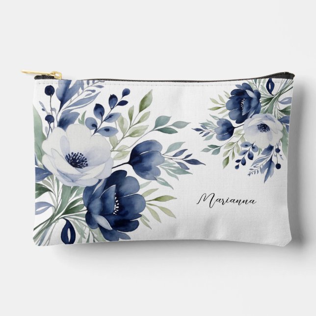 Wasserfarben Blau und Weiß BlumenBouquet Zubehörtasche (Vorderseite)