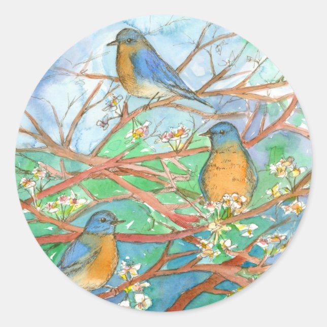 Wasserfarben Bluebirds Kirsche Fruchtblütenbaum Runder Aufkleber (Vorderseite)