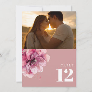 Wasserfarben-Blumen-Foto-Tischnummer in staubigem  Einladung