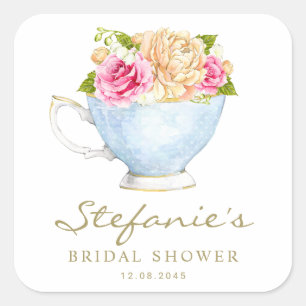 Wasserfarben-Blumen in Teetasse - Brautdusche Quadratischer Aufkleber