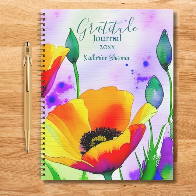 Wasserfarben Blumen Kalifornien Poppies Dankbarkei Notizbuch (Gratitude Journal: Write down what you're grateful for, improve your life. Add your name and year.)