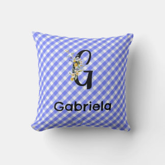 Wasserfarben-Blumen-Monogramm Gingham Blau Muster Kissen