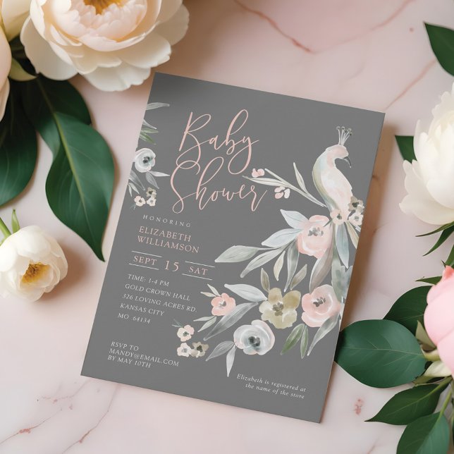 Wasserfarben Blumengarten Kinderdusche Einladung (Watercolor Floral Garden Peacock Baby Shower Invitation)