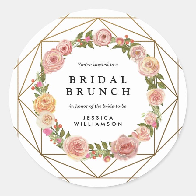 Wasserfarben Blumenreath Geometric Bridal Brunch Runder Aufkleber (Vorderseite)