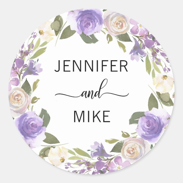 Wasserfarben Blumenreath Lavender Lilac Wedding Runder Aufkleber (Vorderseite)