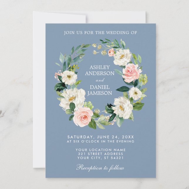 Wasserfarben Blumenreath Pink Dusty Blue Wedding Einladung (Vorderseite)