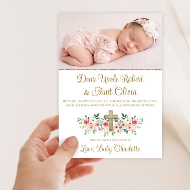 Wasserfarben-Blütenkreuz-Girl Einladung (Sweet pink and gold photo baby girl Godparent invitation. Simply add your photo and details.)