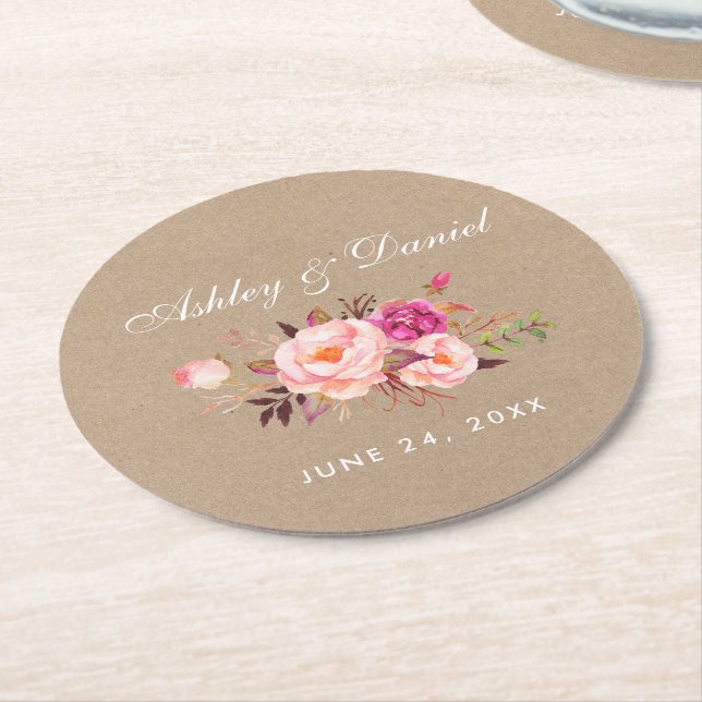 Wasserfarben Blütenrosa Blush Kraft Hochzeit Runder Pappuntersetzer (Angewinkelt)