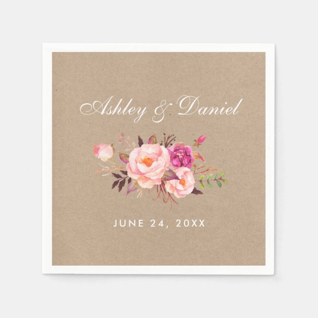 Wasserfarben Blütenrosa Blush Kraft Hochzeit Serviette (Vorderseite)