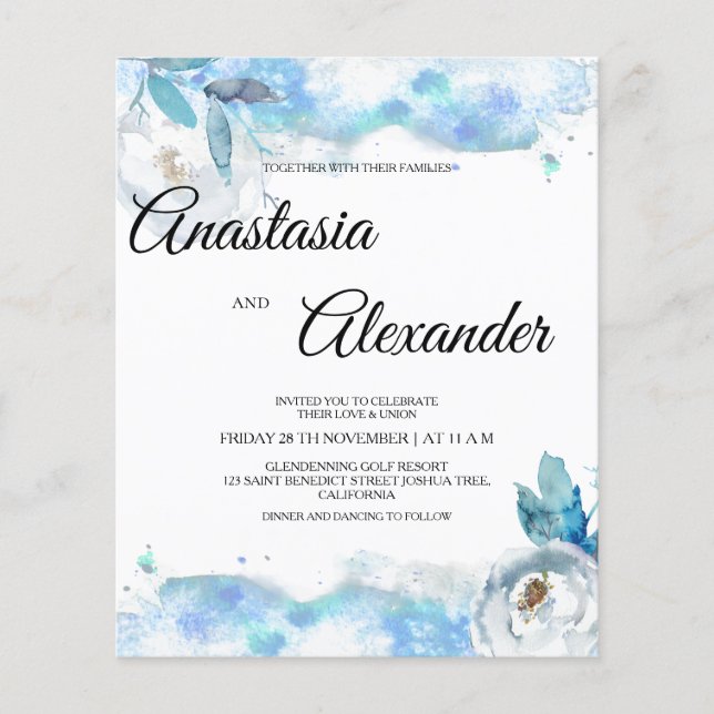 Wasserfarben Budget Hochzeitseinladung. Flyer (Vorne)