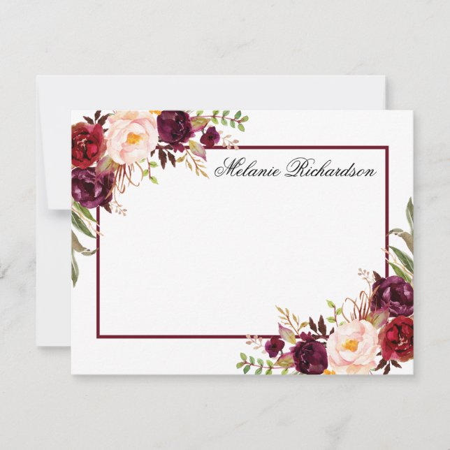 Wasserfarben-Burgund-Blumenrahmen Personalisiert Mitteilungskarte (Vorderseite)