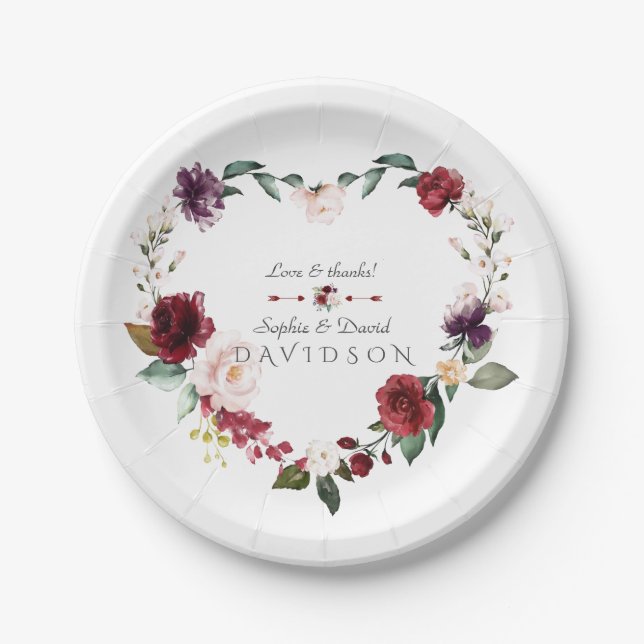 Wasserfarben-Burgund-Blush-Blume-Wreath-Hochzeit Pappteller (Vorderseite)
