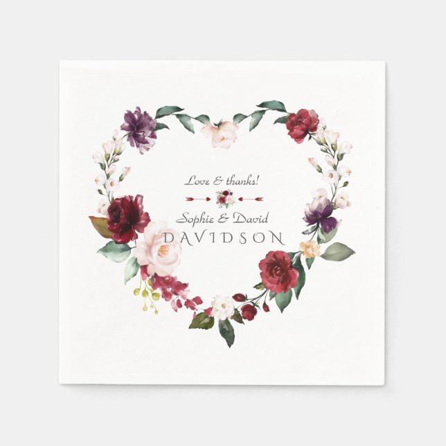 Wasserfarben-Burgund-Blush-Blume-Wreath-Hochzeit Serviette (Vorderseite)