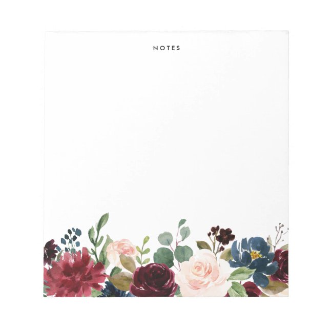 Wasserfarben Burgund und Blauer Blumen Garland Notizblock (Vorderseite)