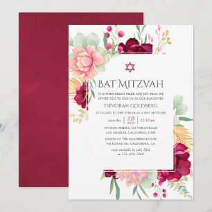 Wasserfarben Burgund und Blush Floral Bat Mitzvah Einladung